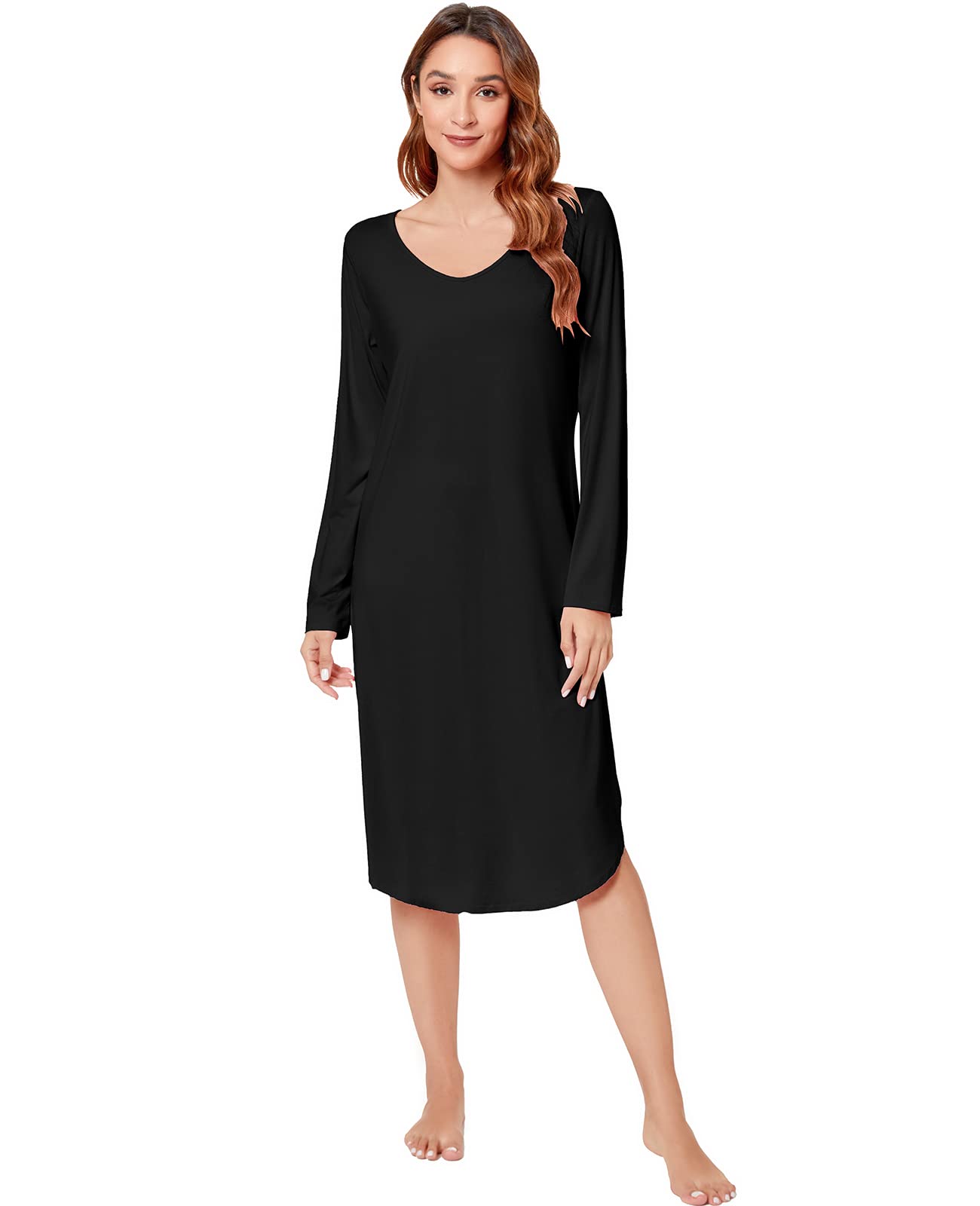 QUALFORT Womens Nightgowns Long Sleeve Nightgown V Neck Loungewear Side Slit Soft Nighdress B-black