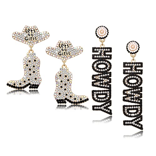 Western Cowgirl Earrings for Women Sparkle Rhinestone Cowboy Boot Hat Dangle Earrings Hypoallergenic Bachelorette Party Howdy Dangling Earrings Nashville Rodeo Country Concert Outfits for Women (cowgirl earrings A Set)