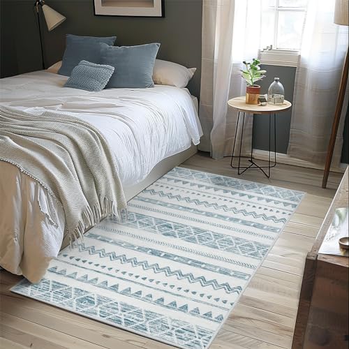 jinchan Area Rug - 5x7 Ultra-Thin Washable Rug, Moroccan Living Room Rug, Boho Rug Geometric, Non-Slip Non-Shedding Carpet for Bedroom Dining Room(5x7ft, Charcoal/Blue)