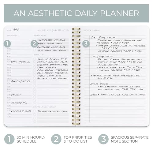 ZICOTO Beautiful Daily Planner And Notebook With Hourly Schedule - Aesthetic Spiral To do List Notepad to Easily Organize Your Tasks And Appointments - Stylish Book And School Or Office Supplies
