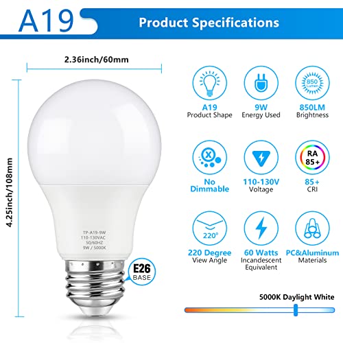 Maylaywood A19 LED Light Bulbs, 60 Watt Equivalent LED Bulb, Daylight White 5000K, 850 Lumen, E26 Base, Non-Dimmable, 9W Bright White LED Bulb, 4-Pack