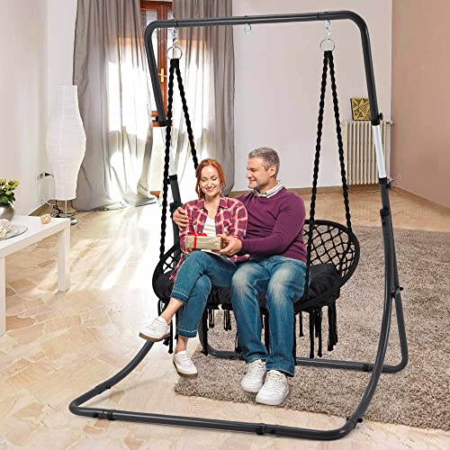 Homgava Hammock Chair Macrame Hanging Swing with Cushion,Hanging Cotton Ropes, Metal Frame, 450 lbs Capacity Indoor Outdoor, Patio, Balcony, Living,Deck, Yard, Garden(Double Swing)