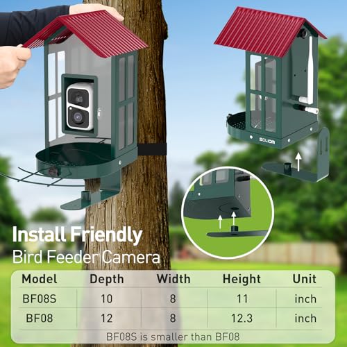 Soliom Bird Feeder with Camera Wireless Outdoor with AI Identify Bird Species, Smart Wild Bird Watching Cam, Live View, Motion Triggered Notification, 3W Solar, 1.6L Small Size-Metal Case BF08S-G