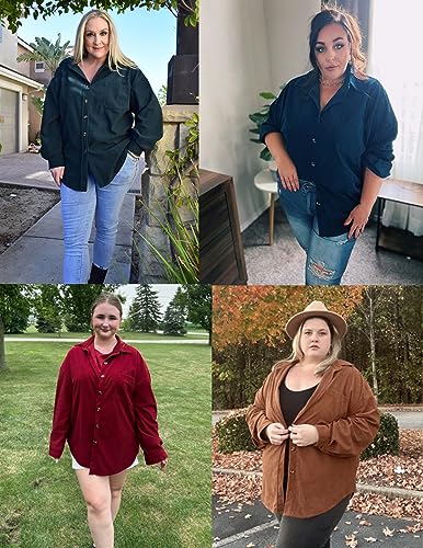 IN'VOLAND Plus Size Women Corduroy Button Up Shirts Shacket Long Sleeve Oversized Blouses Tops Casual Collared Jacket Purple