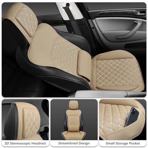 GEEYONTEK Leather Car Seat Covers Front Set, Universal Sideless Vehicle Cushion with Lumbar Support Pillow Storage Pocket Seat Belt Pads Car Cup Coaster, Fit for Most SUV Truck Pick-up (Black)