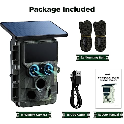 VOOPEAK Trail Camera Solar Powered, Dual Lens 60MP 4K 30FPS Bluetooth Game Camera with Starlight Night Vision, IMX458 Sensors Trail Camera 0.1S Trigger IP66 Waterproof for Outdoor Wildlife Monitoring