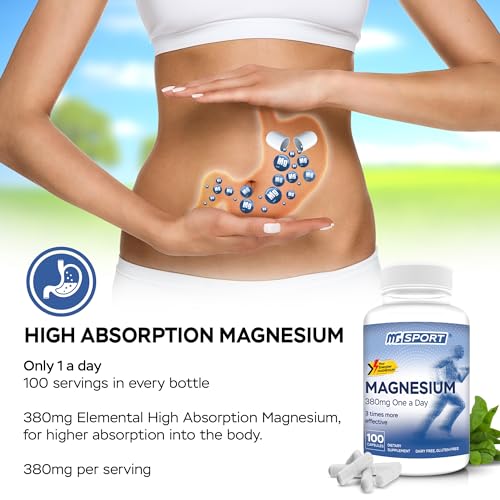 MGSPORT Magnesium Supplement - High Absorption Supplement with Vitamins B6, D, E - Relieves Leg Cramps & Muscle Support - 100 Servings