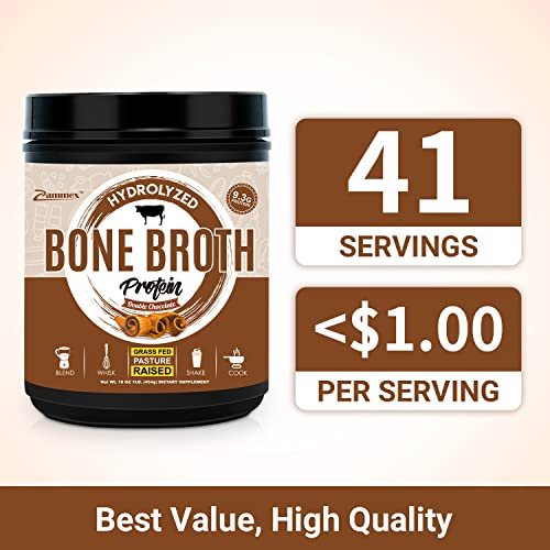 Zammex Bone Broth Protein Powder, Pure Grass Fed Beef, Chocolate Protein Powder,Hydrolyzed Collagen Supplement for Healthy Skin,Nails,Hair,Joints, Non-GMO,Gluten Free, Great in Shakes