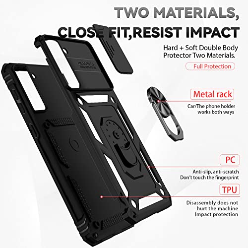 for Samsung Galaxy S21 FE 5G Case with Camera Lens Cover HD Screen Protector, Military-Grade Drop Tested Magnetic Ring Holder Kickstand Protective Phone Case for Samsung Galaxy S21 FE 5G (Black)