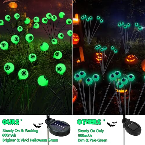 BrizLabs Solar Halloween Lights, 2 Pack 12 LED Halloween Eyeball Lights, 2 Modes Outdoor Halloween Lights, Swaying Eye Firefly Pathway Lights, Green Halloween Solar Lights for Path Yard Garden Lawn