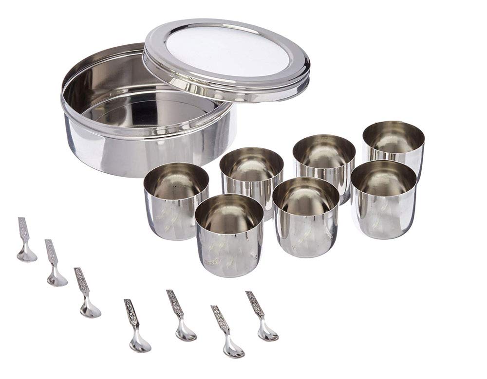 SHOURYA TRADING Stainless Steel Spice box with Non Breakable Transparent glass,Stainless Steel Spice Box with 7 container and 7 Small Spoons,Spice Box,Size 12 No,Color-Silver