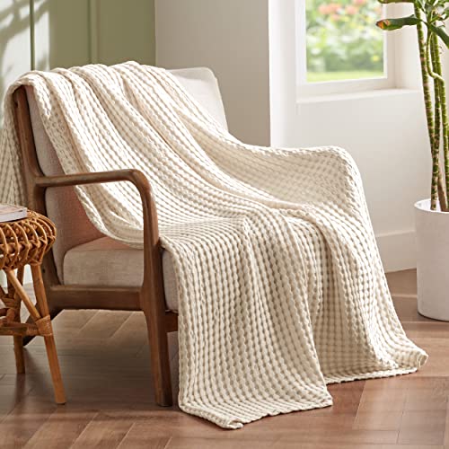 Bedsure Cooling Cotton Waffle Queen Size Blanket - Lightweight Breathable Summer Blanket of Rayon Derived from Bamboo for Hot Sleepers, Luxury Throws for Bed, Couch and Sofa, Ivory, 90x90 Inches