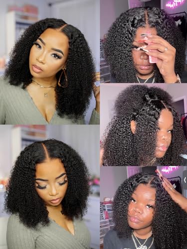 Domiso Glueless10x7 M-Cap Max Part HD Lace Pre Cut Afro Kinky Curly Wig Human Hair Knots Bleached Glueless Wigs Human Hair Pre Plucked Pre Cut Lace Wig Glueless Wigs Big Fluffy Curl 16 Inch