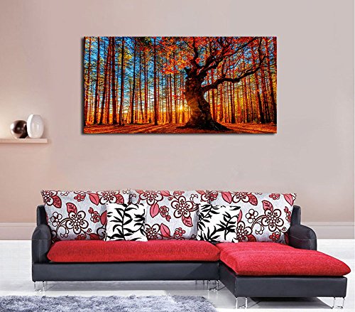 Large Forest Wall Art Forest Sunset Canvas Pictures Red Leaf Trees Landscape Canvas Artwork Contemporary Nature Picture for Living Room Bedroom Home Office Wall Decor Framed Ready to Hang 20" x 40"