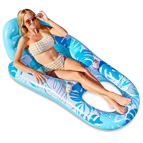 Sloosh Pool Lounge Float Adult, Inflatable Pool Floats Lounger Raft Floaties Water Floating Recliner Chair with Cup Holders Foot Rest Swimming Pool Floaty, Blue