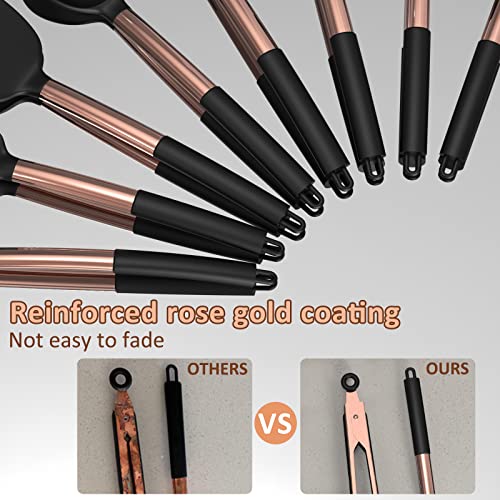 Silicone Cooking Utensil Set, Fungun 24pcs Silicone Cooking Kitchen Utensils Set, Non-stick Heat Resistant - Best Kitchen Spatulas Set with Copper Stainless Steel Handle - Black(BPA Free, Non Toxic)