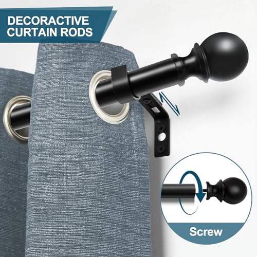 TEAKMAMA 1 Inch Black Small Curtain Rods for Windows 18 to 28 Inches(1.5-2.3ft), Heavy Duty Window Curtain Rods, Adjustable Decorative Curtain Rod with Ball Finials, 16''-28''