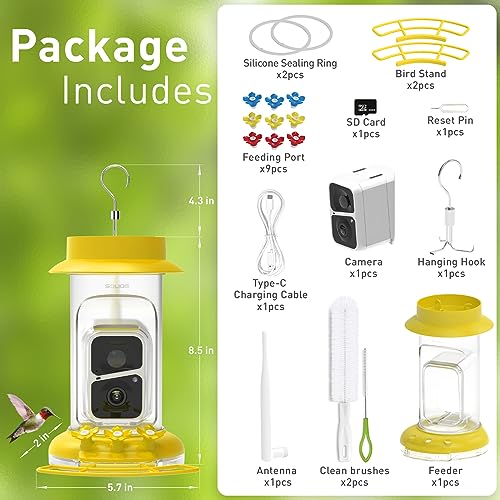 Soliom Humbirdy-The Original Hummingbird Feeder Camera with Ant Moat,Bee Proof,AI Identify Bird Species,Bird Watching Camera W/ 3 Feeding Ports,Instant Notifications,Gifts Ideas for Family(16 Ounces)