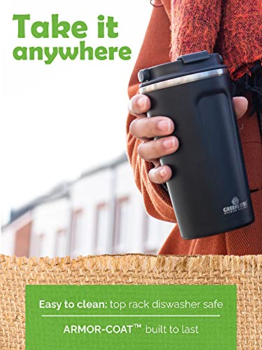 Greens Steel Insulated Coffee Mug Reusable – 350 ml, Black I Thermos Cup with Handle Lid I Stainless Steel Hot Cold Drinks Waterproof Tea Coffee Ice Drink