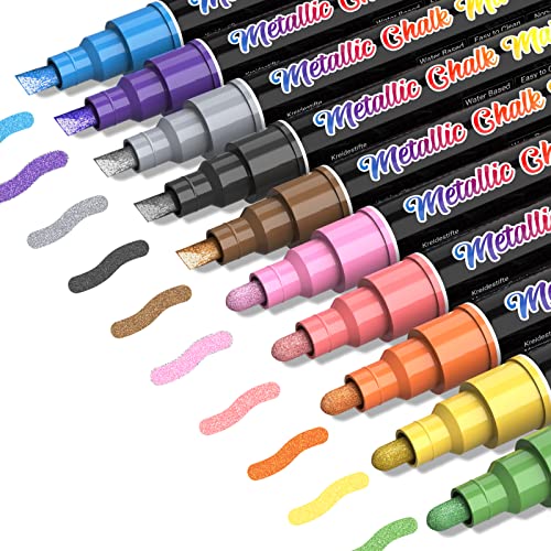 Liquid Chalk Markers Pens - 10 Metallic Colors Washable & Wet Erase Chalk Pens for Blackboard, Chalkboard Signs, Glass Window, Graduation Celebration School Kids Art - Erasable Window Markers for Cars