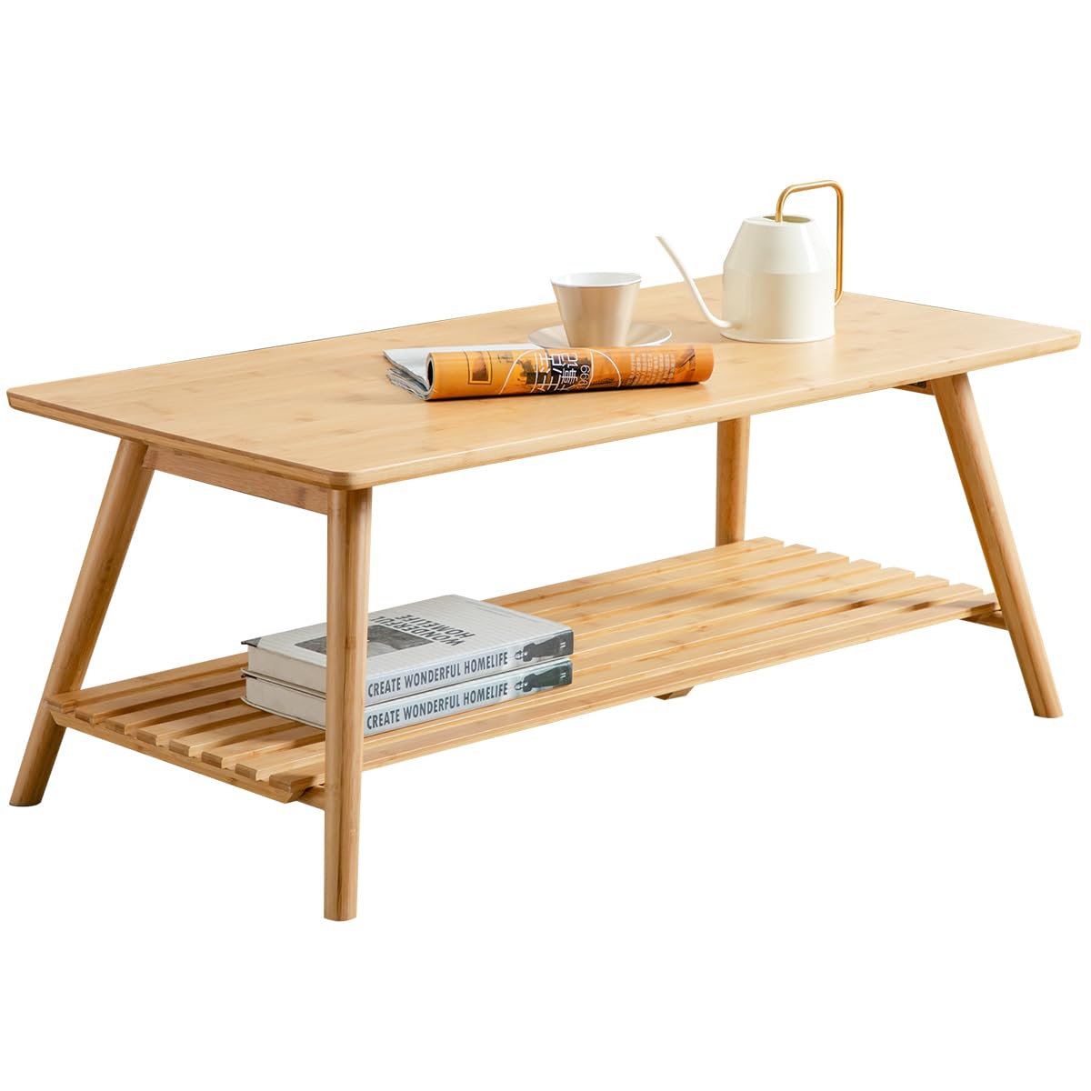 Nnewvante Coffee Table Foldable Bamboo Mid Century Desk TV Stand with Open Storage Shelf Center Table for Living Room Furniture RV No Assembly
