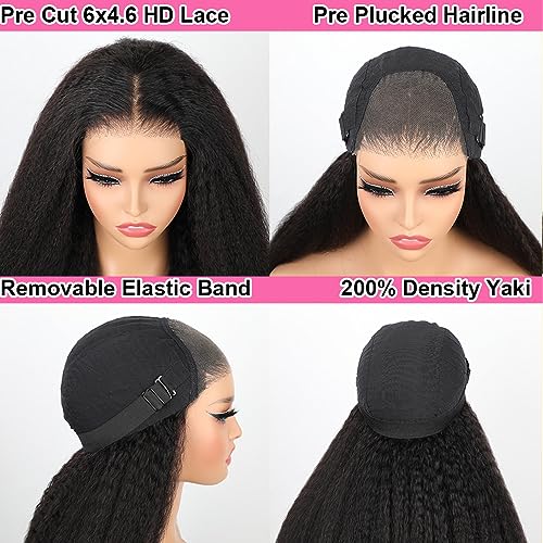 Domiso Glueless Wig Human Hair Yaki Hair Pre Cut 6x4.6 HD Lace Wig Knots Bleached Kinky Straight Lace Front Wigs Human Hair for Women Natural Hairline Pre Plucked Breathable Cap 200% Density 16 Inch