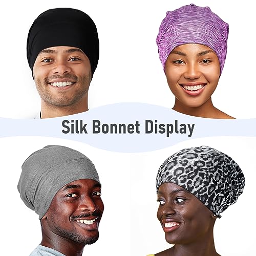 SOLZEK Mulberry Silk Bonnet for Sleeping Hair Wrap Men Women Curly Adjustable Night Cap for Natural Hair Anti Frizz Stay on 1Pcs (Black)