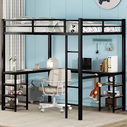 Full Size Loft Bed with Desk and Storage Shelves, Heavy Duty Metal Loft Bed with L-Shaped Desk and Ladder, Full Size Loft Bed for Kids, Teens, Black Loft Bed Full Size