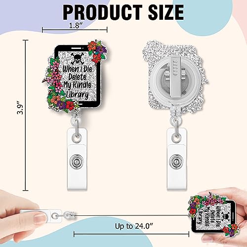 QYUVK Retractable When I Die Delete My Kindle Library Badge Reel with Alligator Clip, Funny Silver Glitter Foral Kindle Badge Holder Gift for Doctors Nurses Reading Lover Librarian Teacher