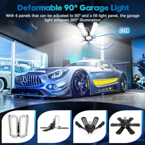 TANBABY Upgrade LED Garage Light, 150W Deformable Garage Light Ceiling LED Shop Light, 15000LM E26/E27 LED Garage Lighting with 6+1 Adjustable Panels Garage Bulb for Garage,Basement (1pack)