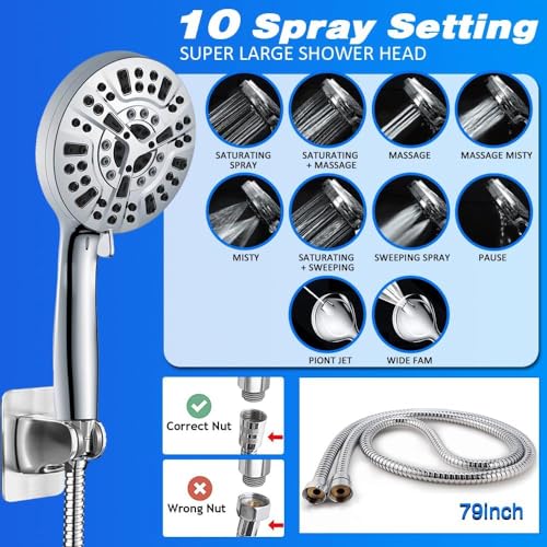 10 Inch Square Shower Head Rain Shower Head with Handheld Dual Filter for Hard Water 10 Setting Handheld Showerhead Built-in 2 Power Wash with 12" Extension Arm & Extra Cartridges