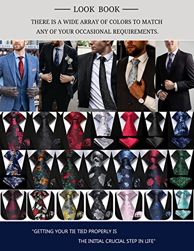 HISDERN Mens Green Floral Ties Woven Classic Necktie Set Formal Tie Pocket Suqare for Wedding Business with Handkerchief