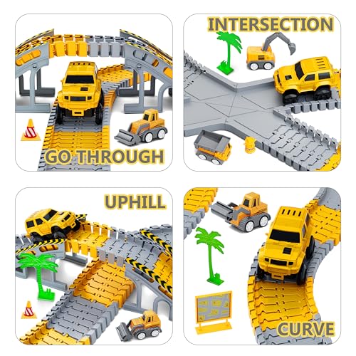 Kids Toys 253 PCS Construction Race Tracks Toy for 3 4 5 6 7 8 Year Old Boys Girls, 5 PCS Construction Truck Car and Flexible Track Play Set Create A Engineering Road Games Toddler Toys Birthday Gifts