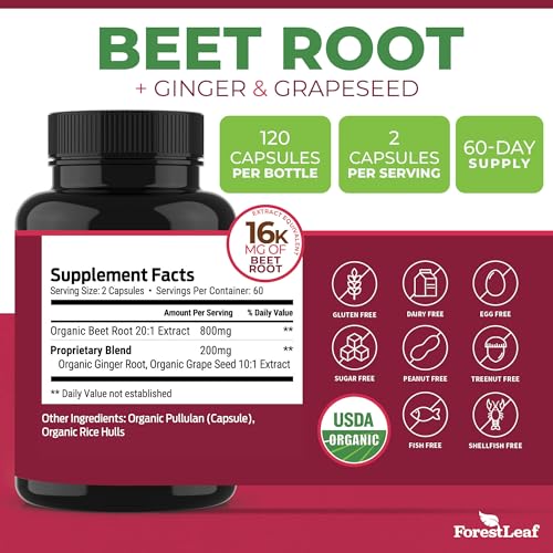 ForestLeaf Organic Beet Root Capsules - with Ginger & Grape Seed 16000mg Strength 20:1 Extract, Supports Nitric Oxide Production, Beets Supplements with Organic Non-GMO Beetroot Powder 120 Veggie Caps