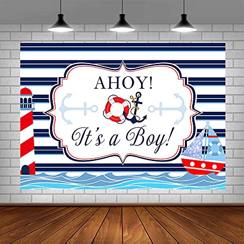 ABLIN 7x5ft Ahoy Nautical Boy Baby Shower Backdrop It's a Boy White Blue Stripes Marine Sea Lighthouse Ship Background Newborn Baby Gender Reveal Party Decor Banner Photo Booth Props