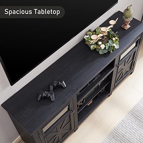 JXQTLINGMU Farmhouse TV Stand for 75 Inch TV, Entertainment Center with Storage, Modern TV Cabinet with Barn Doors, 66" Rustic TV Console for Living Room, Adjustable Shelf - Black