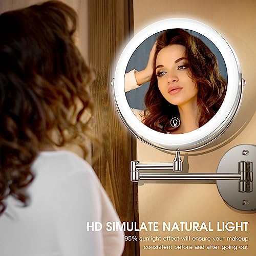 MNIENT Wall Mounted Lighted Makeup Mirror, 8" Rechargeable Double-Sided Magnifying Mirror 1x/10x, 3 Colors Led Vanity Mirror with Lights, Touch Dimmable 360° Rotation Foldable Light up Mirror