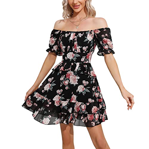 EXLURA Womens Summer Dress Floral Ruffle Tiered Square Neck Sundress Short Sleeve Off Shoulder Smocked Mini Dresses