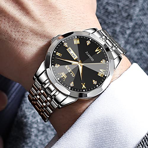 OLEVS Men Watches Business Dress Diamond Analog Quartz Date Luxury Wrist Watch Black Casual Stainless Steel Waterproof Luminous Two Tone Watch for Men