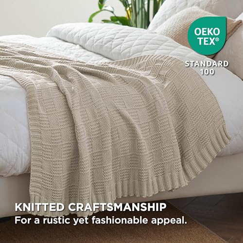 Bedsure 100% Cotton Knitted Throw Blanket for Couch, Checkered Chunky Knit Blanket for Summer, Soft Breathable and Lightweight Linen Beige Throw Blanket, Throw (50" x 60")
