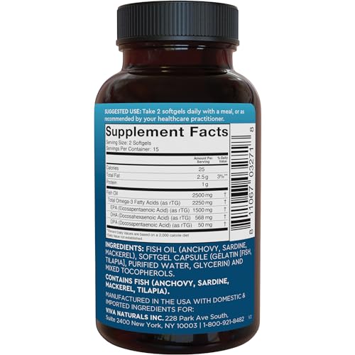 Viva Naturals Triple Strength Omega 3 Fish Oil Supplement - 2500 mg Fish Oil with Re-Esterified Omega 3 Fatty Acids Including EPA, DHA DPA - 30 Pescatarian-Friendly Softgels