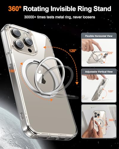 Meifigno 360° LoopStand Series for iPhone 15 Pro Case with Stand, [MagSafe Compatatible][Military-Grade Protection], Transparent Metal Ring Phone Case for iPhone 15 Pro 6.1'', Crystal Clear