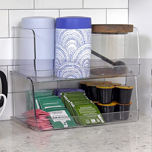 Emeril Lagasse Stackable Plastic Food Storage Organizer Bin Basket with Open Front for Household Kitchen Cabinets, Pantry, Offices, Closets, Bedrooms, Bathrooms - 9.5" Wide, 2 Pack - Clear