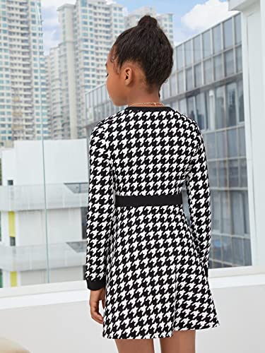 WDIRARA Girl's Houndstooth Print Button Front Long Sleeve Flare Hem A Line Short Dress Black 9Y