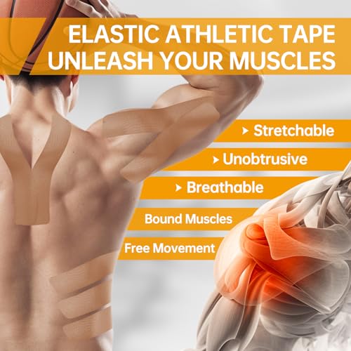 Dimora Uncut Kinesiology Tape - 4 Rolls Pure Cotton Elastic Athletic Tape 65.6 ft in Total, Medical Grade Adhesive Sports Tape for Muscle Pain Relief and Joint Support, Beige