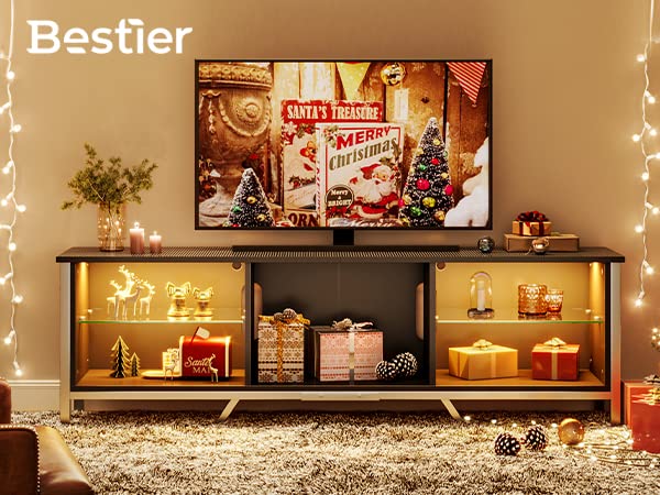 Bestier TV Stand with LED Light for 75 inch TV, Modern Gaming Entertainment Center with Detachable Glass Shelves for PS5 Black Carbon Fiber