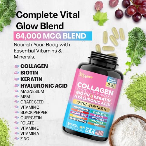 Zoyava Collagen Pills Peptides Types I, II, III, V & X MCG Biotin Keratin Hyaluronic Acid MSM Vitamin A Vitamin C Vitamin E Folic Acid Zinc Magnesium with Grape Seed Extract, Quercetin (90 Caps)