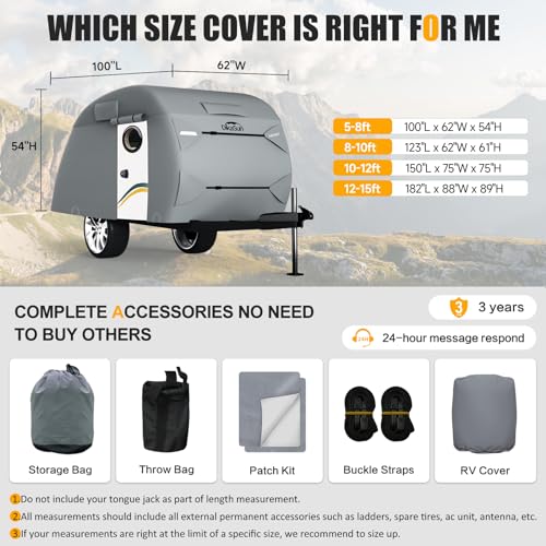 Teardrop Trailer Cover, 7 Layers Waterproof Camper Cover (Fits 5' - 8' Trailers), Tear-Resistant Travel Trailer Cover for Forest River R-Pod Trailers Clamshell Trailers