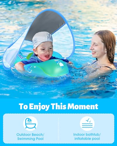 LAYCOL Baby Swimming Float Inflatable Baby Pool Float Ring Newest with Sun Protection Canopy,add Tail no flip Over for Age of 3-36 Months