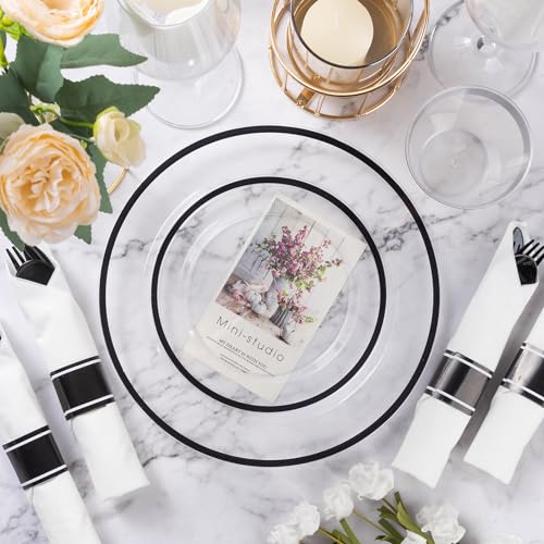 Goodluck 175 Piece Black Plastic Dinnerware Set for Party, Clear Disposable Plates for 25 Guests, Include: 25 Dinner Plastic Plates, 25 Dessert Plates, 25 Pre Rolled Napkins with Cutlery Set, 25 Cups